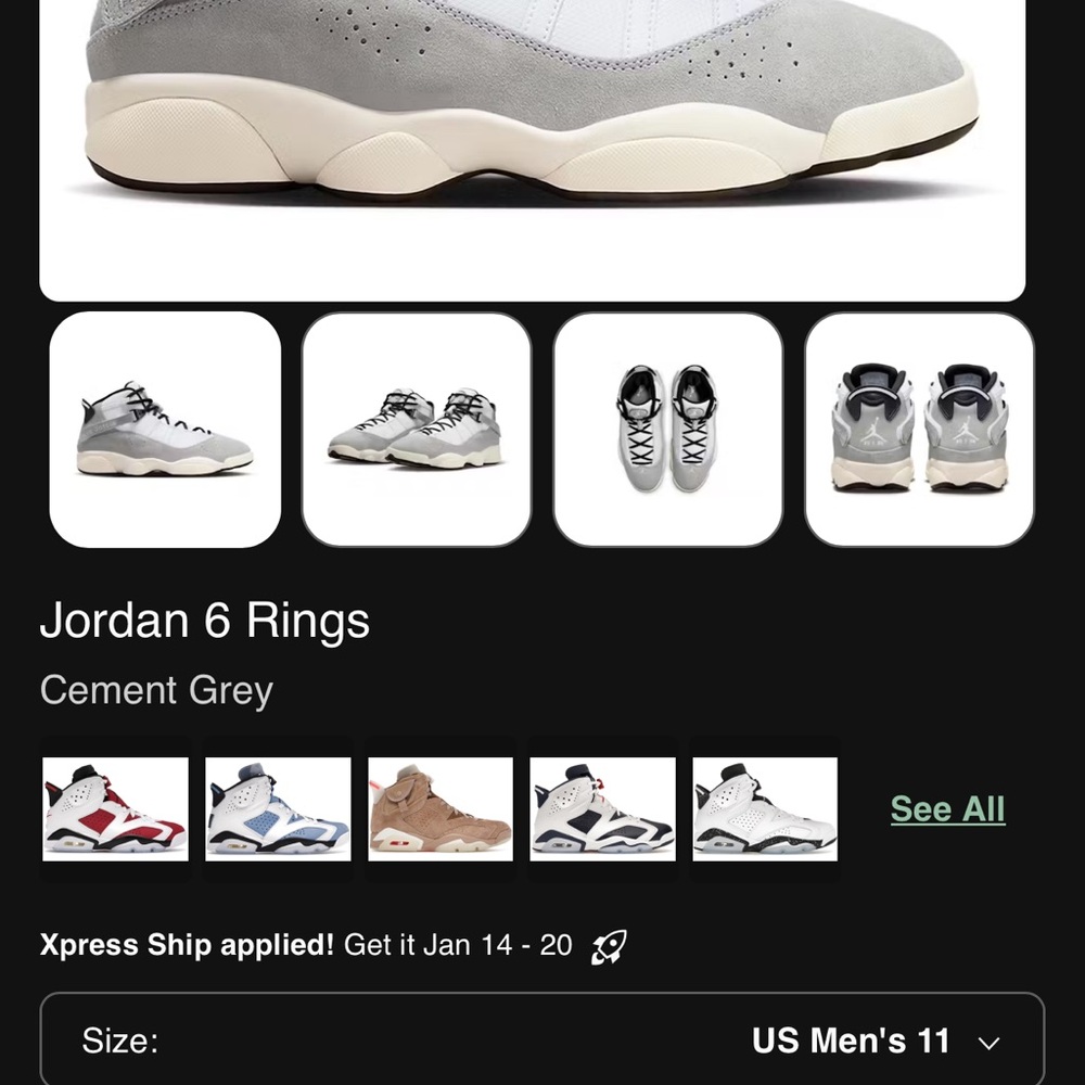 Jordan 6 Rings Cement Grey Sneakers NWB